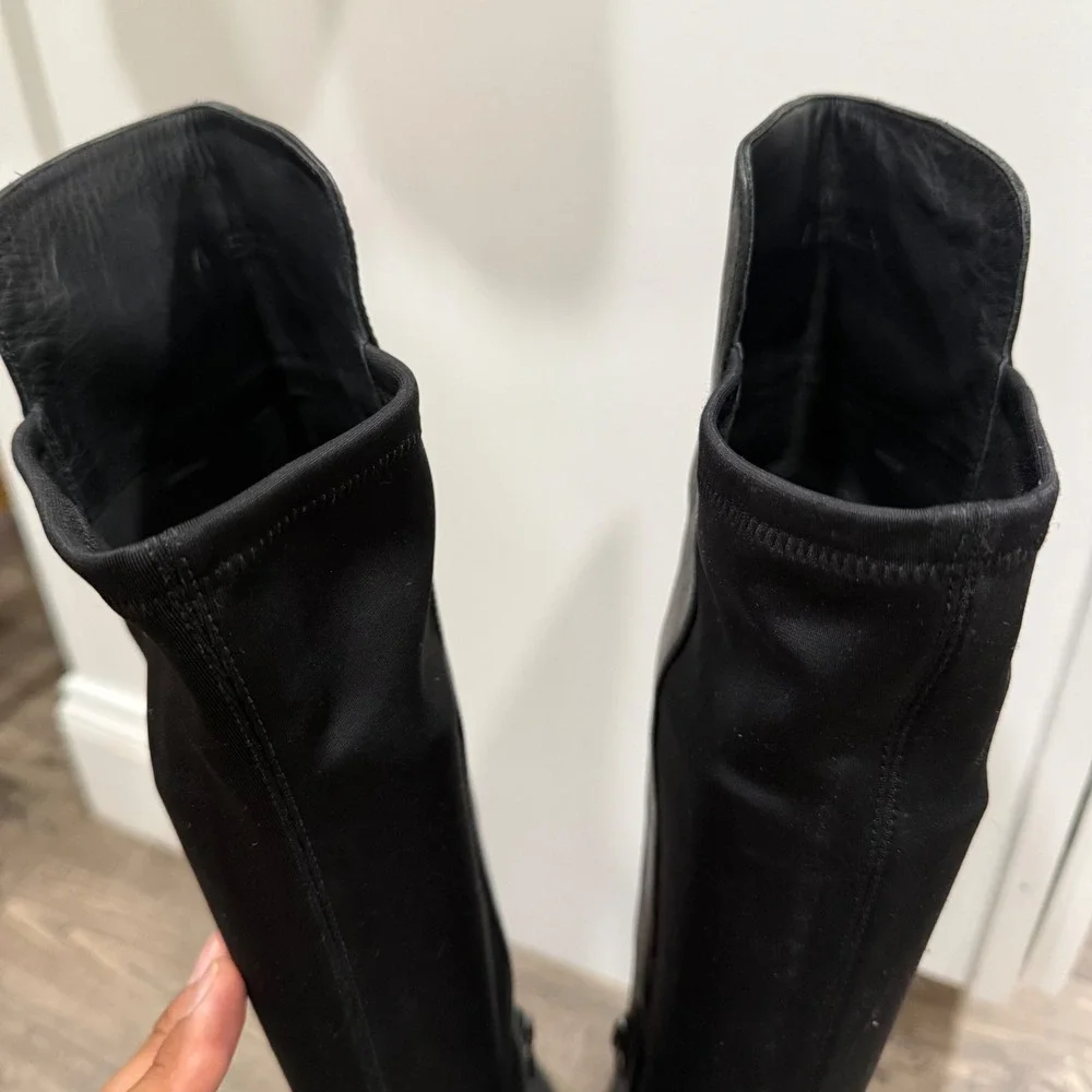 Via Spiga Womens Black Leather Over The Knee Block Heel Boots Almond Toe Zip